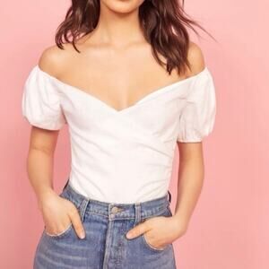 NWT Reformation Framboise Linen Off the Shoulder Puff Sleeve Top White 12